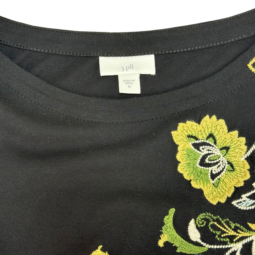 J. Jill Top M Black Embroidered Paisley Floral Cotton Tencel Long Sleeve Tee - Picture 3 of 7